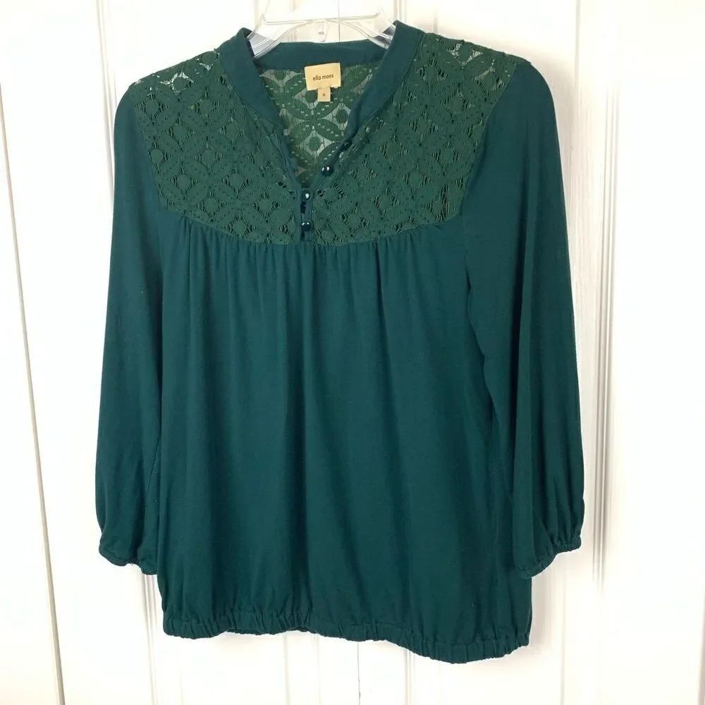 Ella Moss Hunter Green Long Sleeve Lace Top Blouse